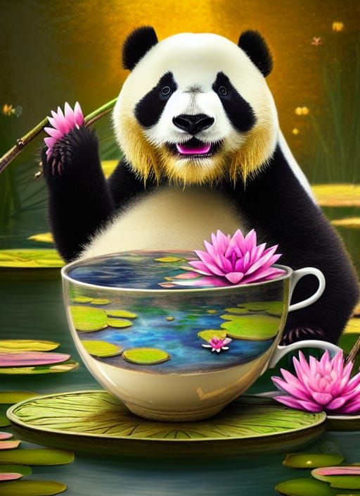 Panda in Teacup with Water Lilies, Detailed Digital Art