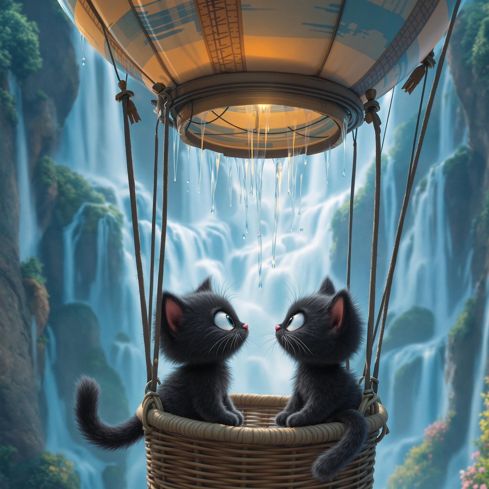 Two adorable animated kittens, black fur with plush, velvety fur, oversized round eyes, and a button noses, floating in ...