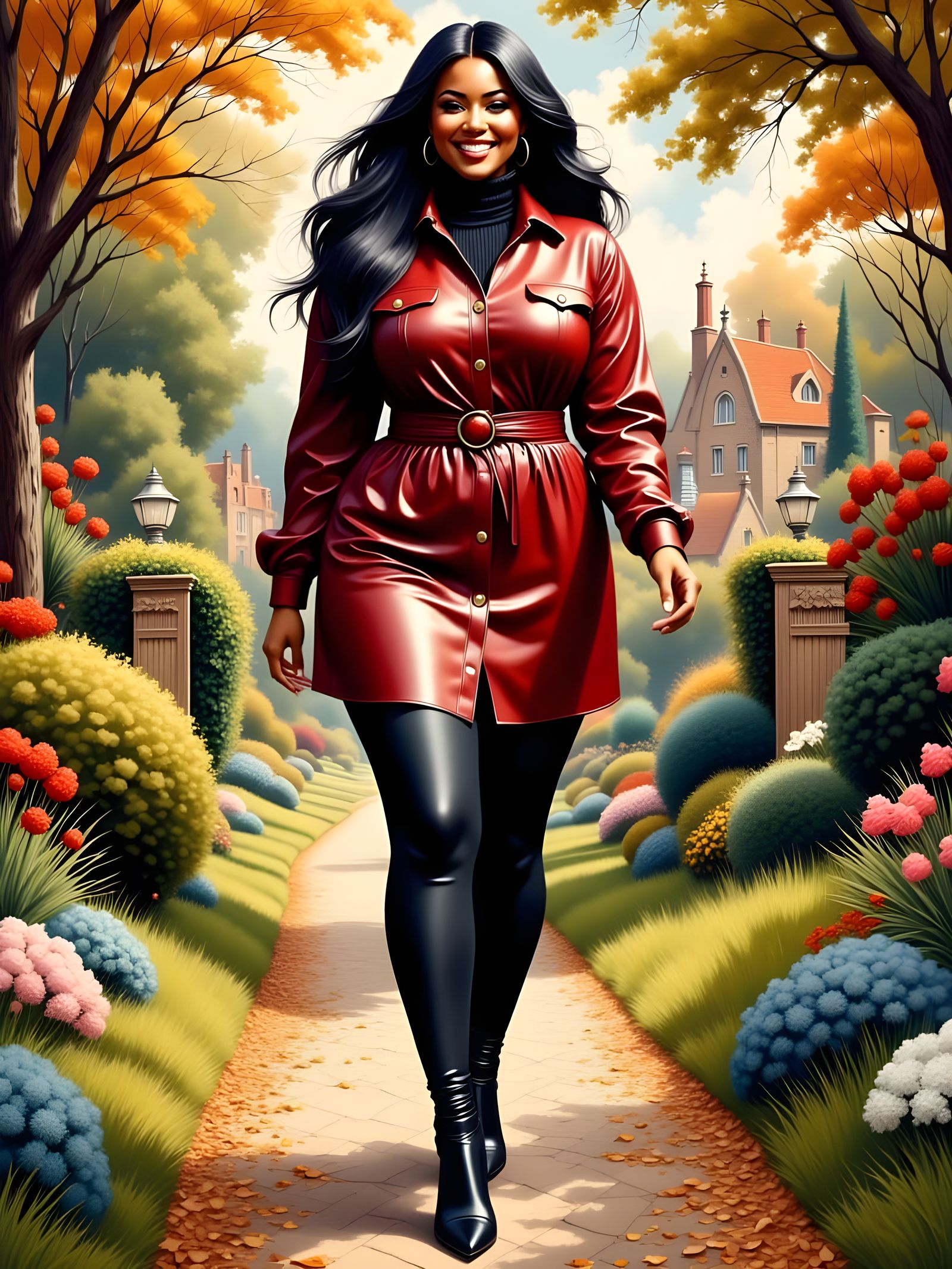 Curvy Woman in Red Dress: Art Nouveau Digital Painting