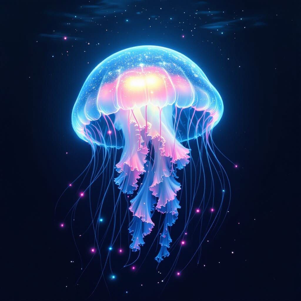Bioluminescent Jellyfish Pulsing in Dark Abyss