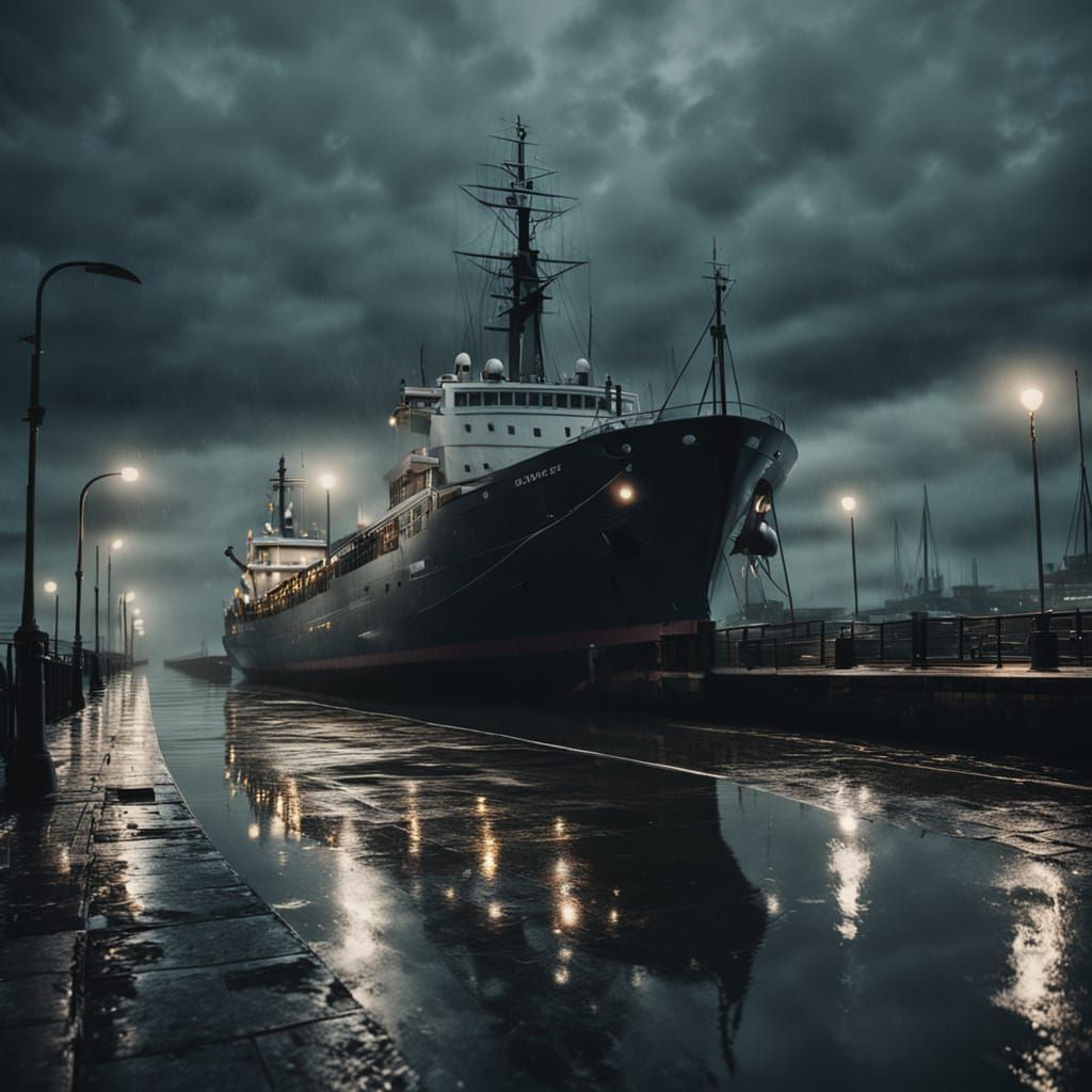 Gloomy Seaport at Dusk with Reflections