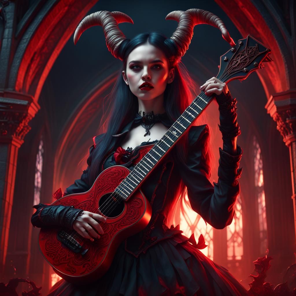 Vampire Girl Plays Guitar: Detailed Fantasy Art