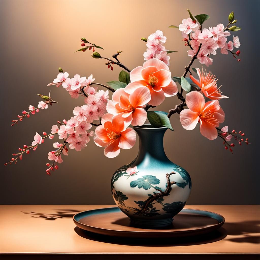 Ikebana Still Life in Sumi-e Painting Style