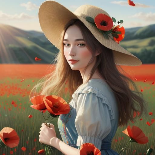Woman in Poppy Field: Impressionist Oil Painting