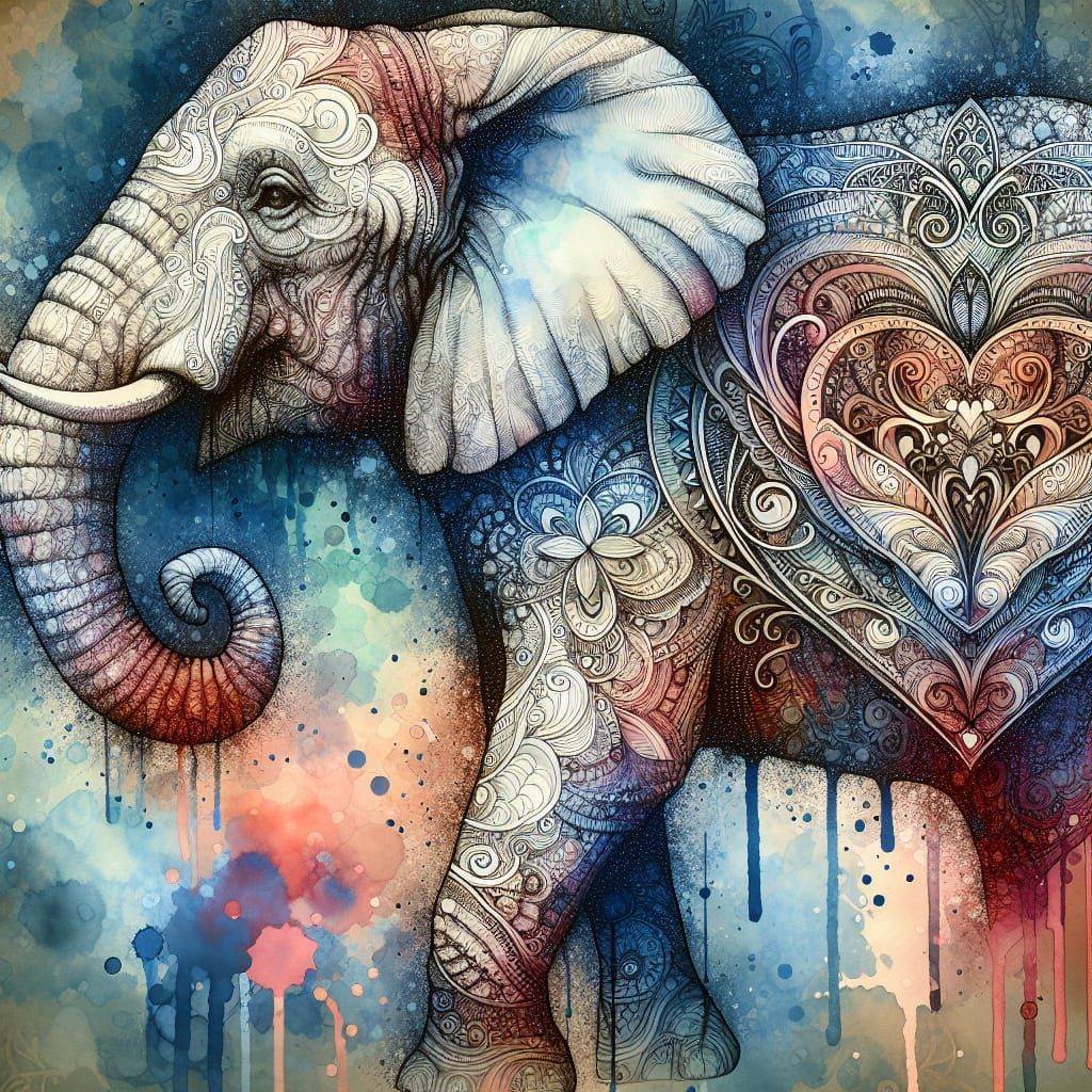 Intricate Watercolor Elephant with Ornate Heart Details