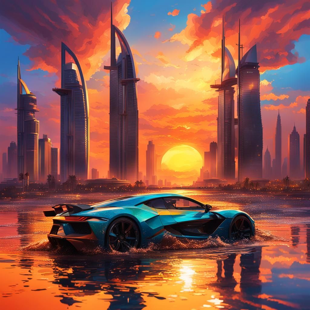 Epic Sunset in UAE: Hyperrealistic Splash Art