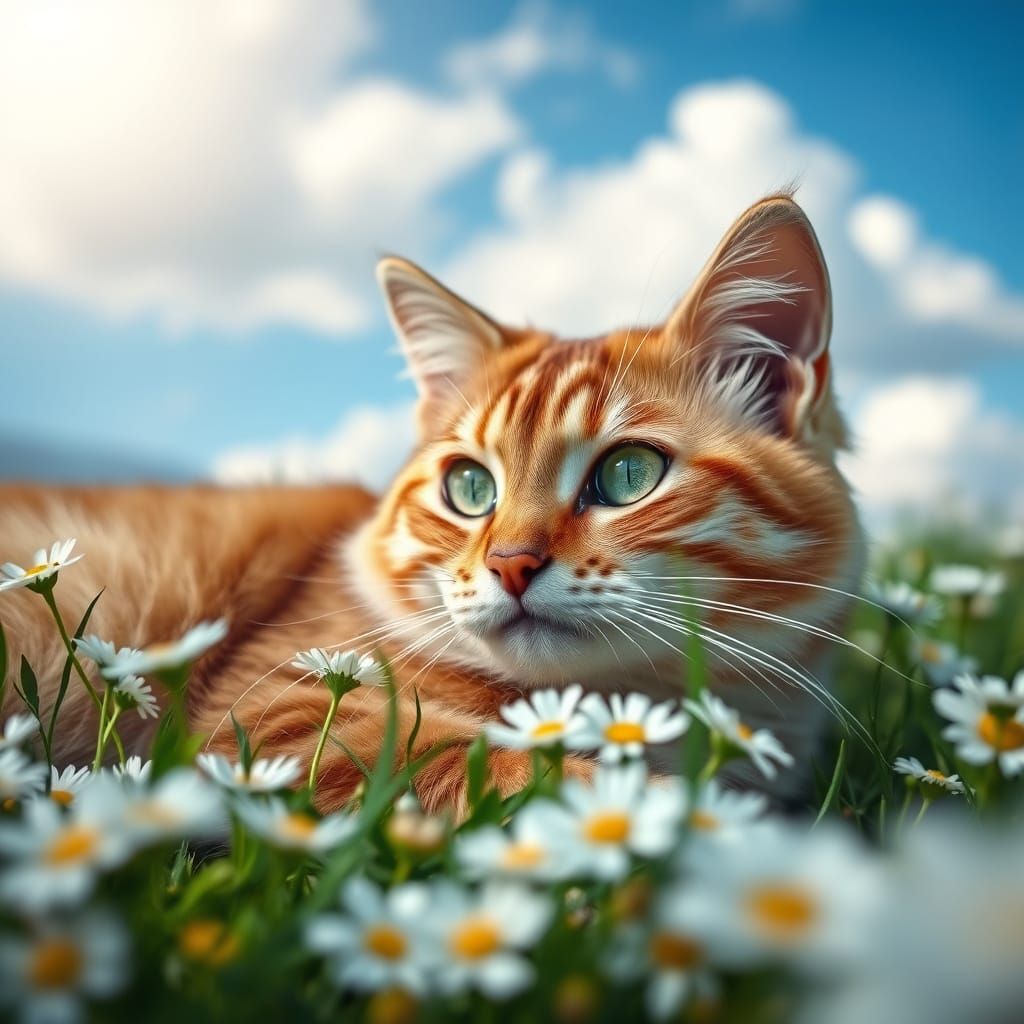Tawny Cat in Daisy Meadow: Professional Photography