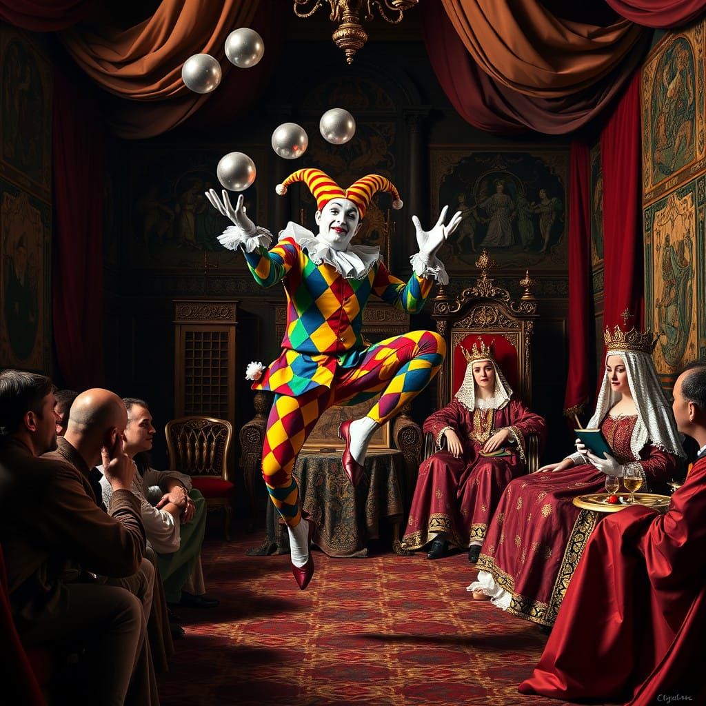 Renaissance Jester Juggles in Dramatic Lighting