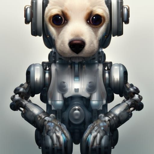 Cute Smiling Cyborg Puppy with Mechanical Implants