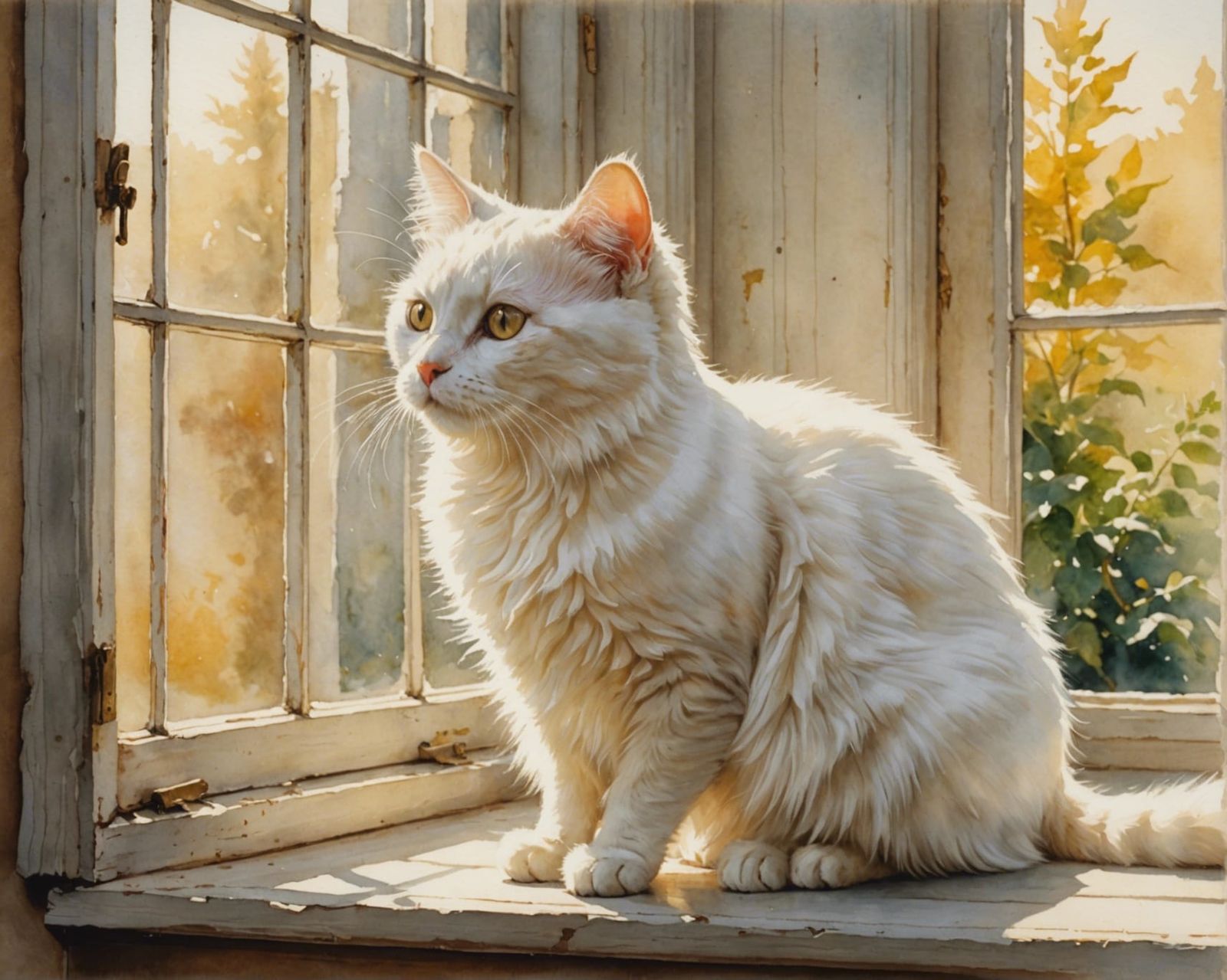Romantic Watercolor of Elderly White Cat in Sunlight