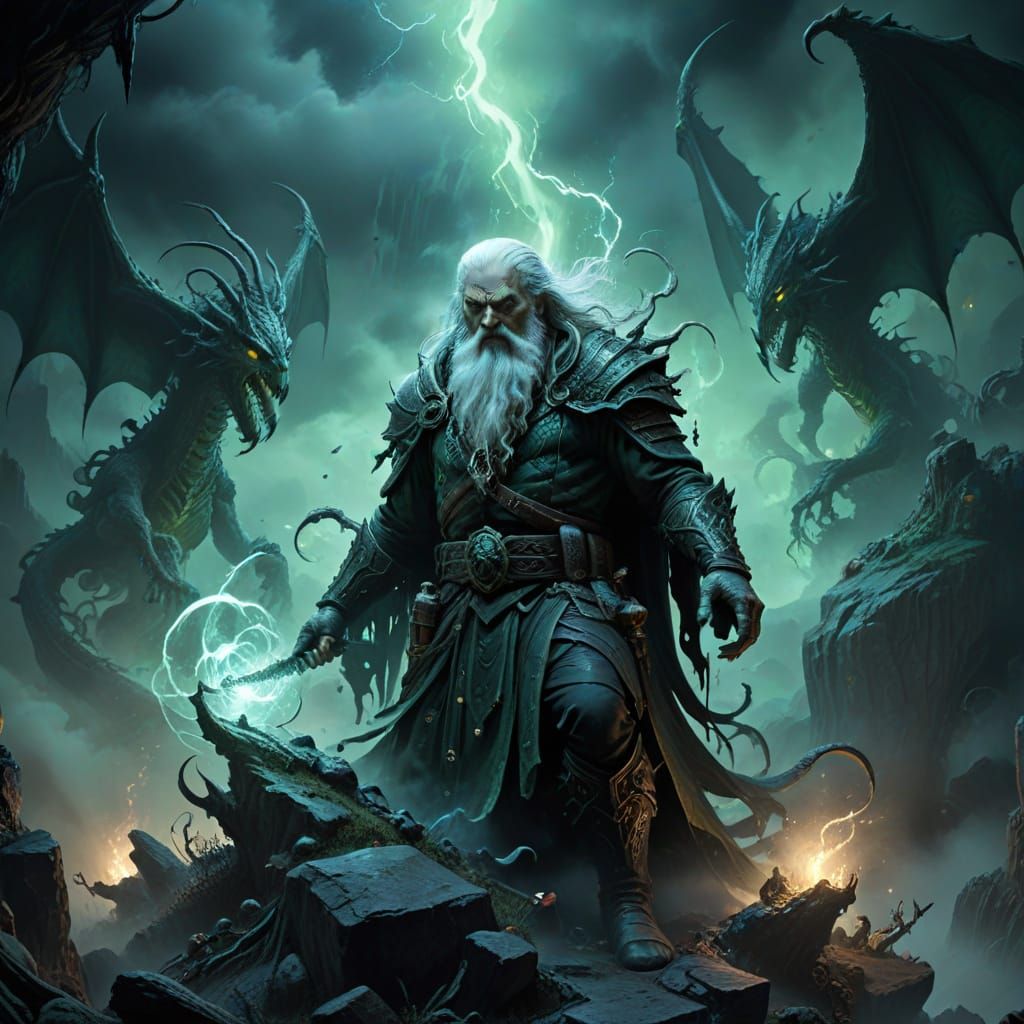 Dark Fantasy Wizard Conjures Energy Amidst Dragons and Webs