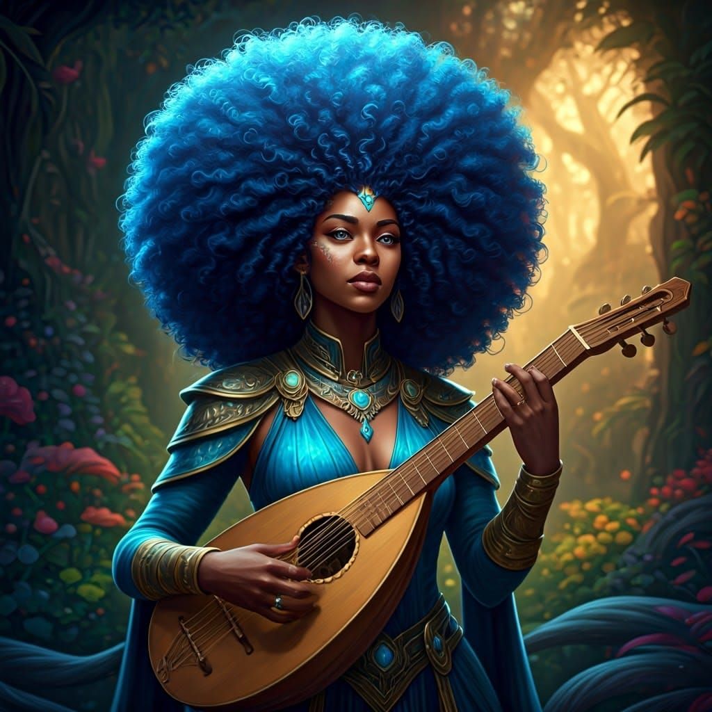 Black Elf with Blue Afro Playing Lute: Fantasy Art