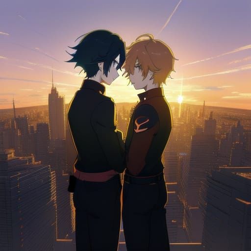 Anime Boys Stand Tall in Vibrant Sunset Cityscape