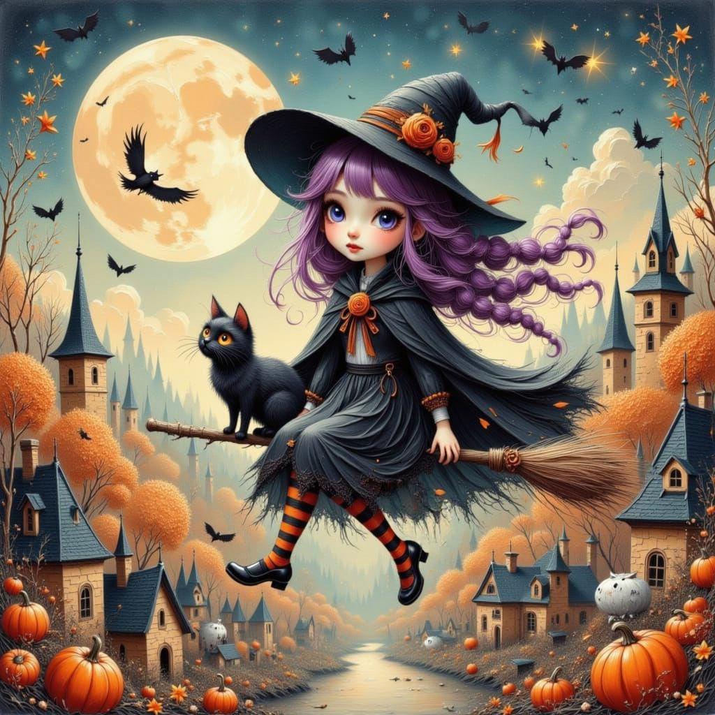 Anime Witch Flying Broomstick Over Autumn Town