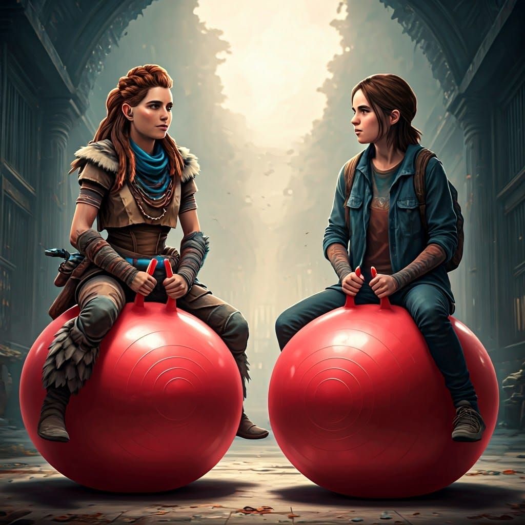 Aloy and Ellie Playfully Bouncing in Hyperrealistic Style