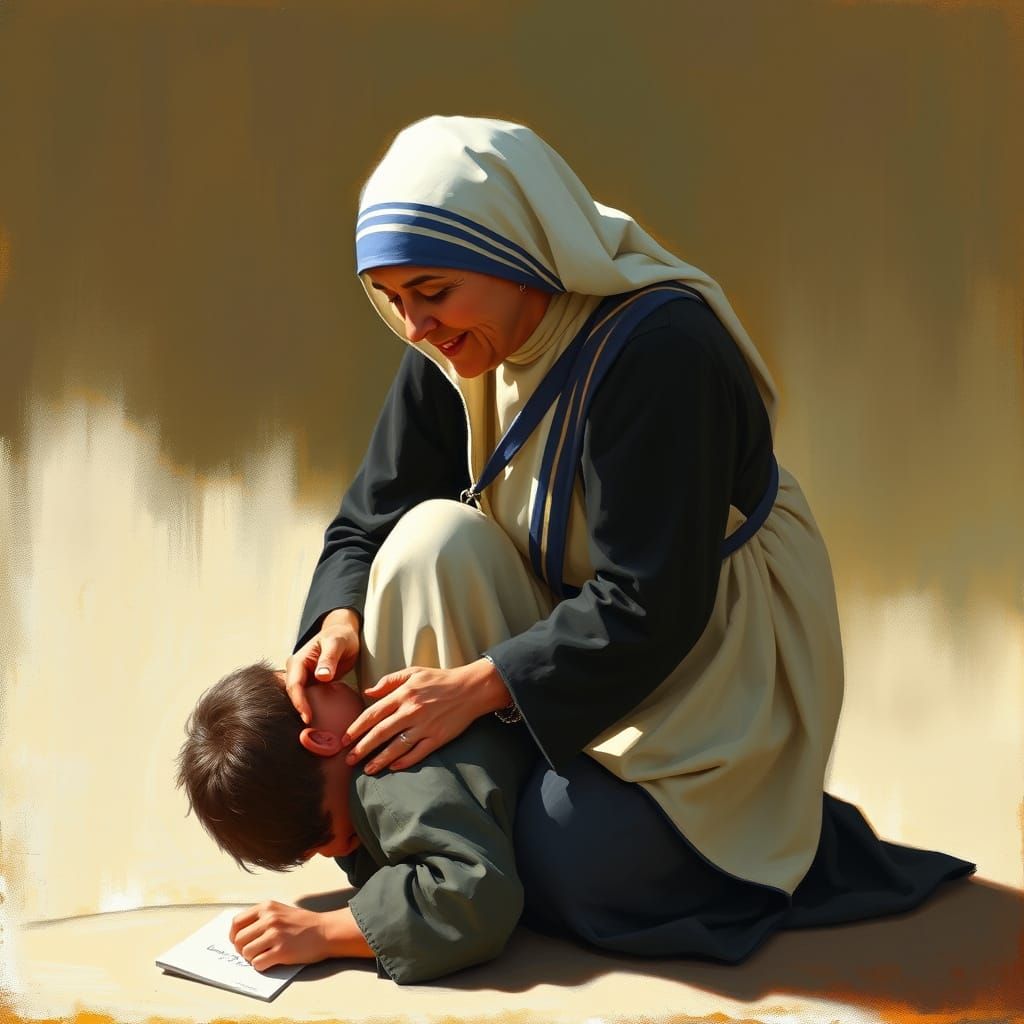 Nun Helping Fallen Person in Impressionist Style