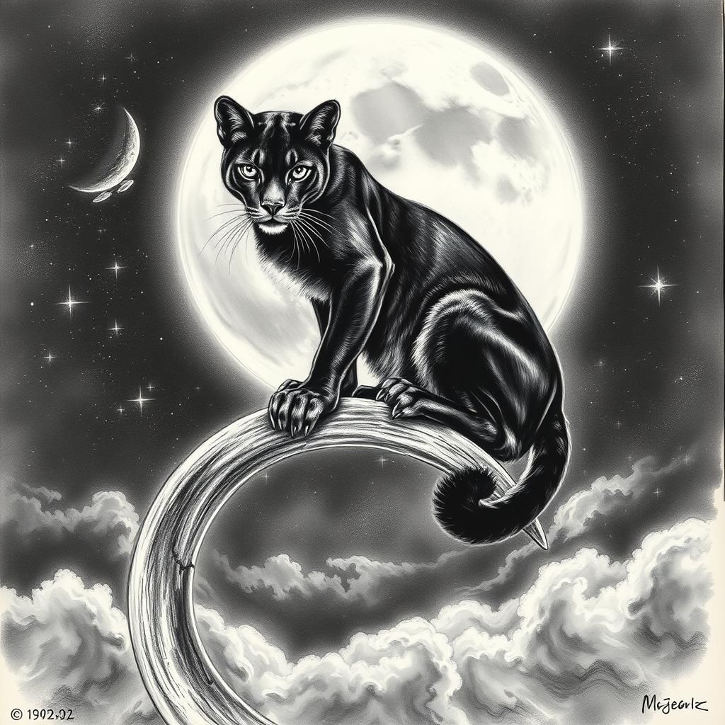Puma on Crescent Moon in Charcoal Art Style