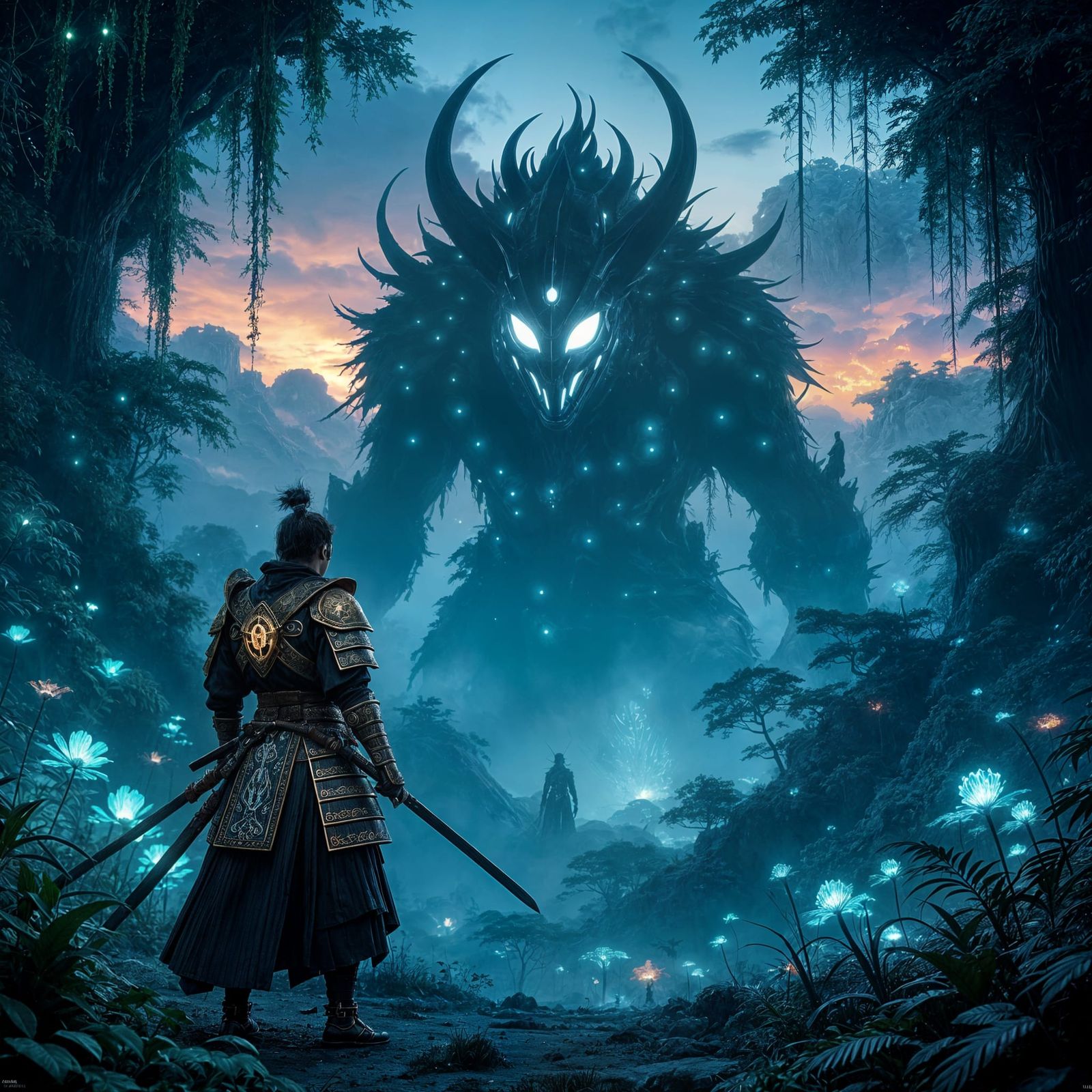 Samurai in Alien Jungle, Hyperrealistic Dark Fantasy