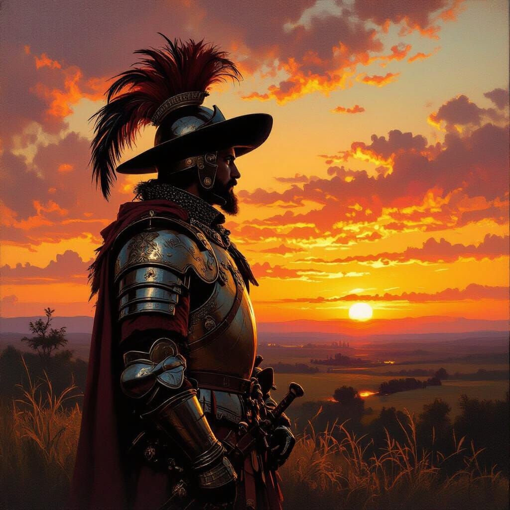 Conquistador at Sunset: An Oil Painting Style Image