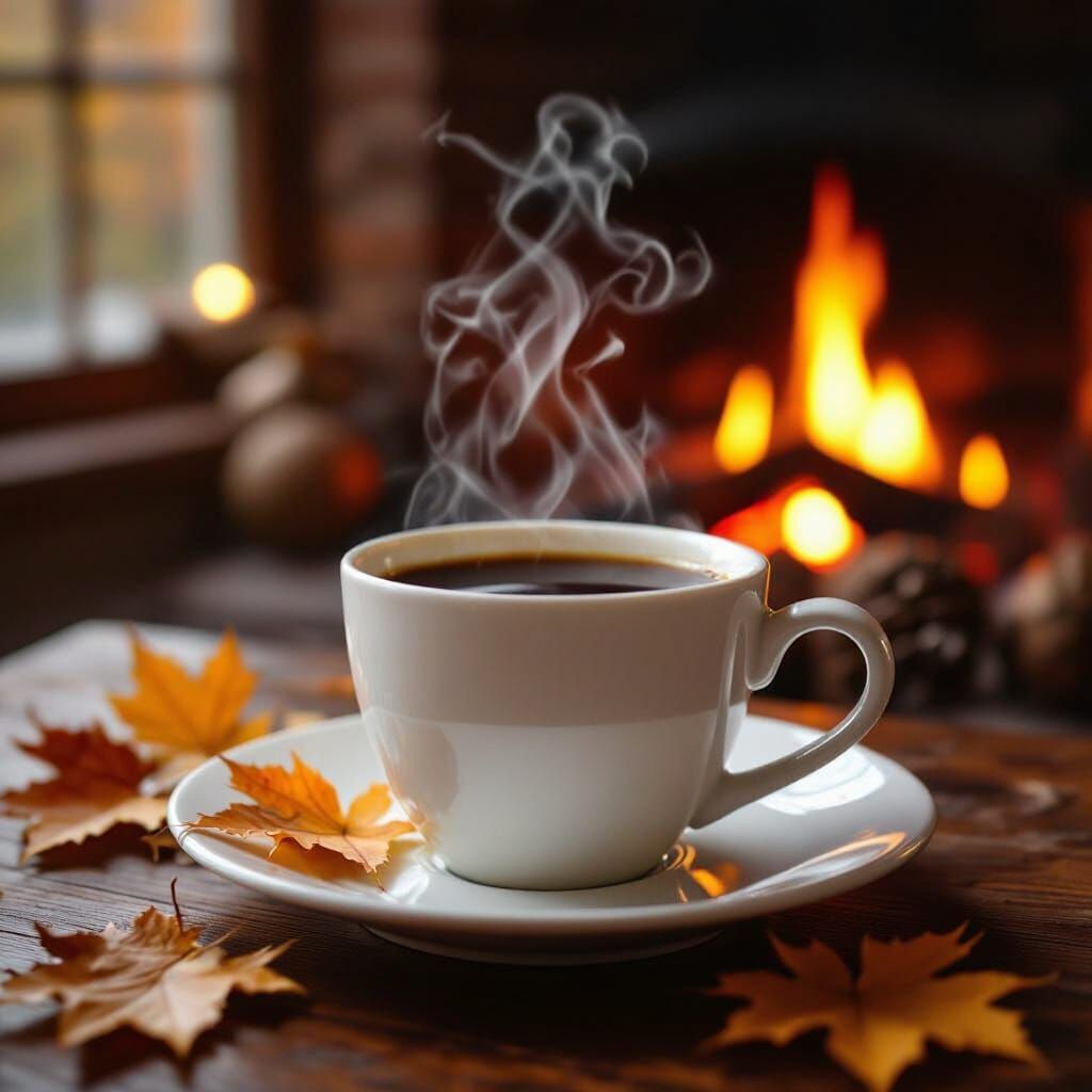 Cozy Autumn Coffee Scene by Fireplace