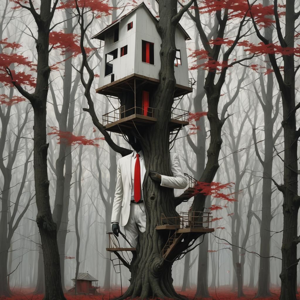 Sinister Tree Houses with Faceless Figure