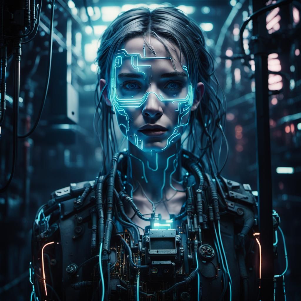 Cyberpunk Woman with Glowing Circuits in Abandoned Factory