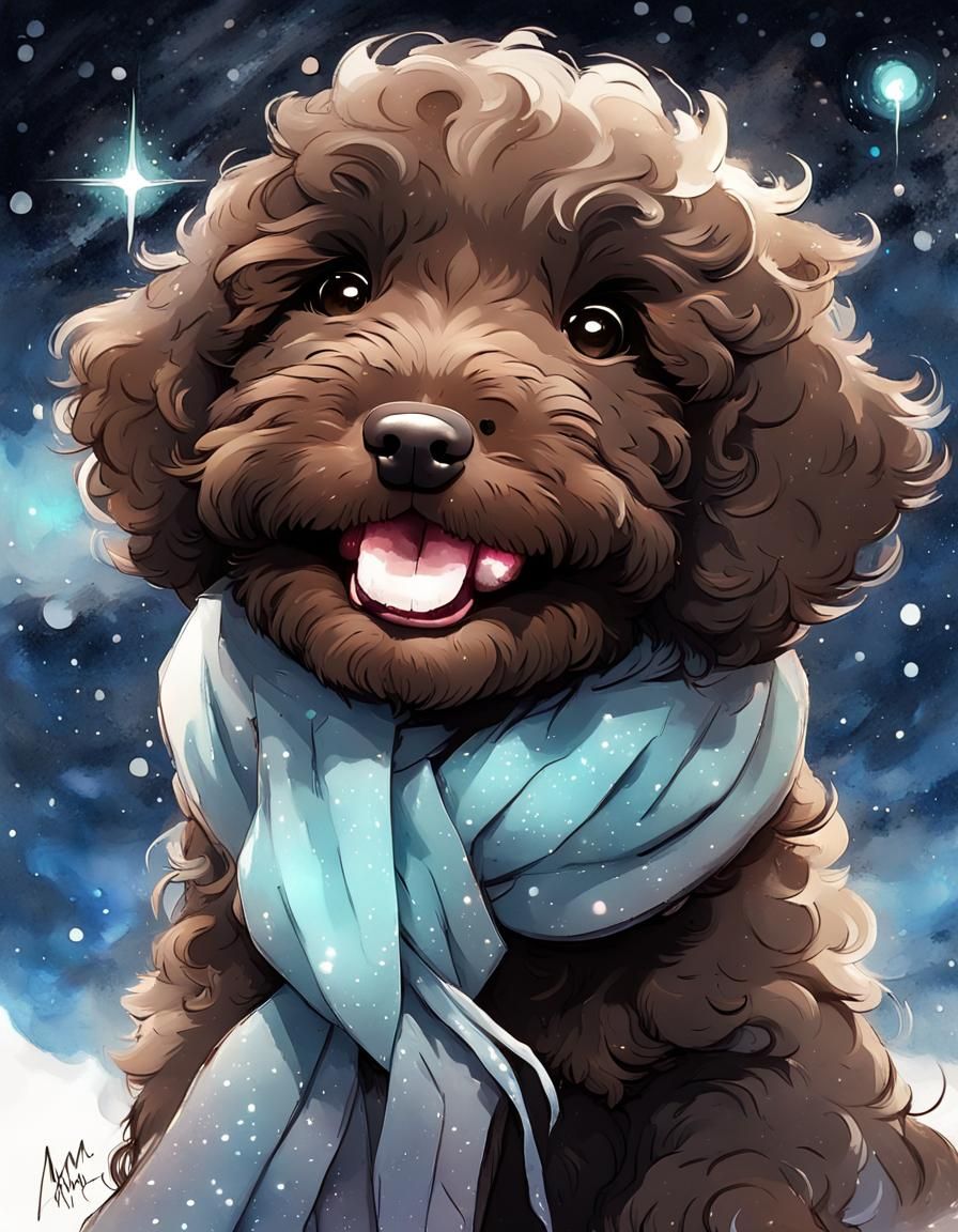 Charming Chibi Labradoodle in Bioluminescent Starry Night