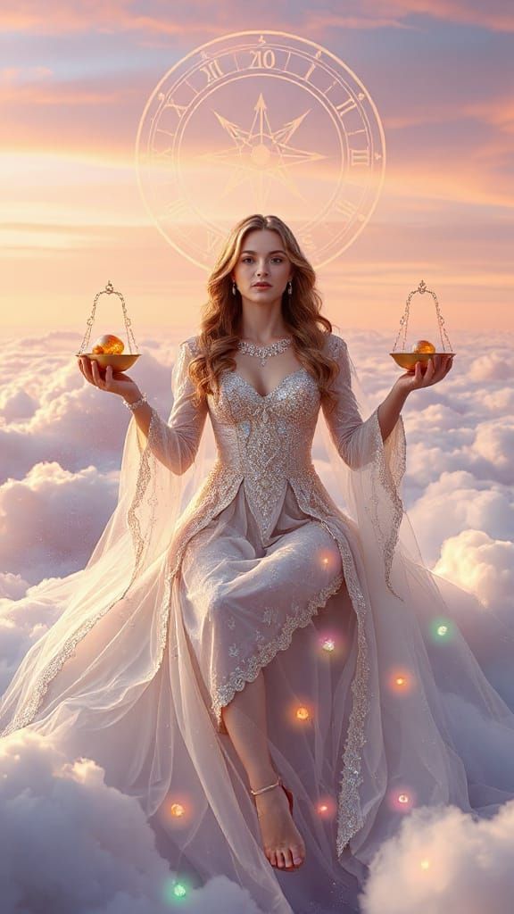 Ethereal Woman on Clouds with Golden Scales