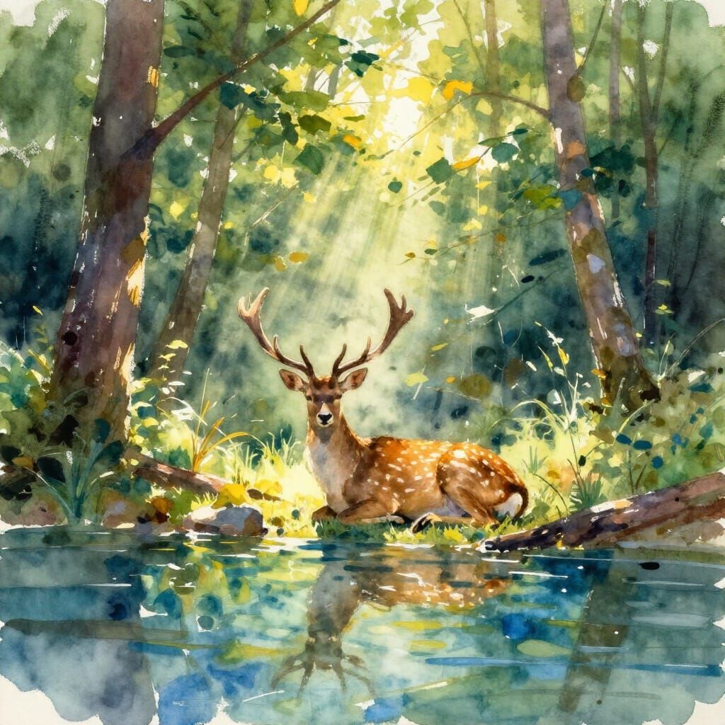 Deer Basking in Sunlit Forest by Watercolor Pond