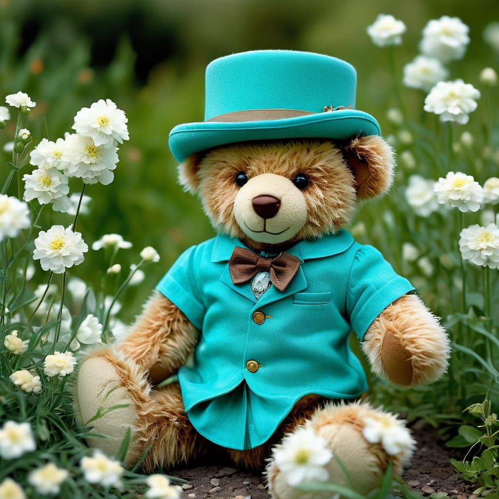 Teddy Bear's Turquoise Top Hat: A Cinematic Garden Scene