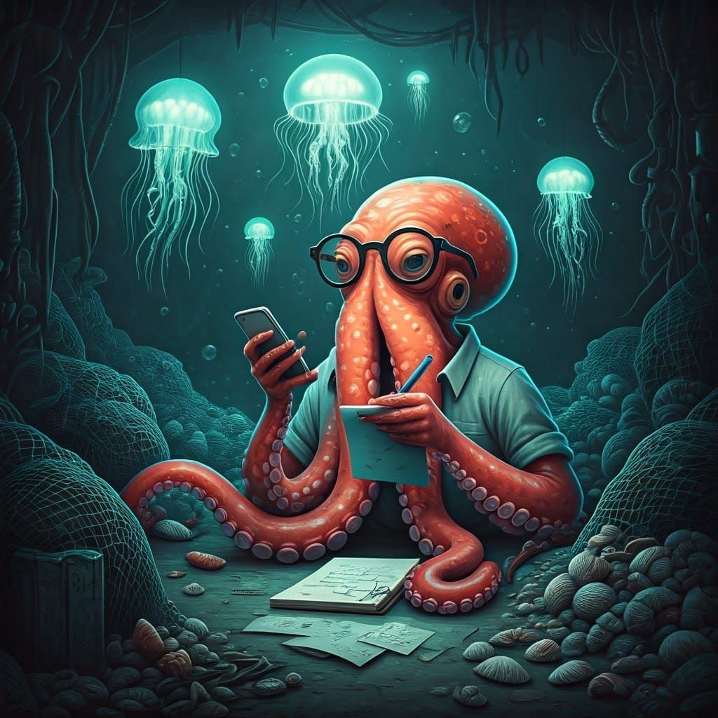 Octopus in Futuristic Ocean Office