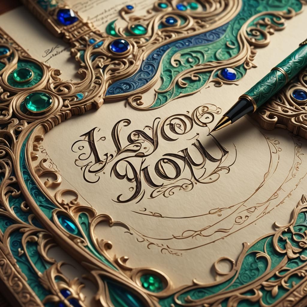 Ornate Pen Writes 'I Love You' in Fantasy Art