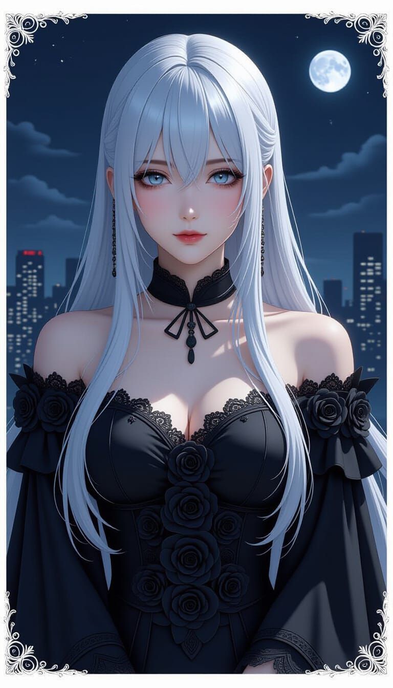 Mature Japanese Woman with White Hair Under Moon