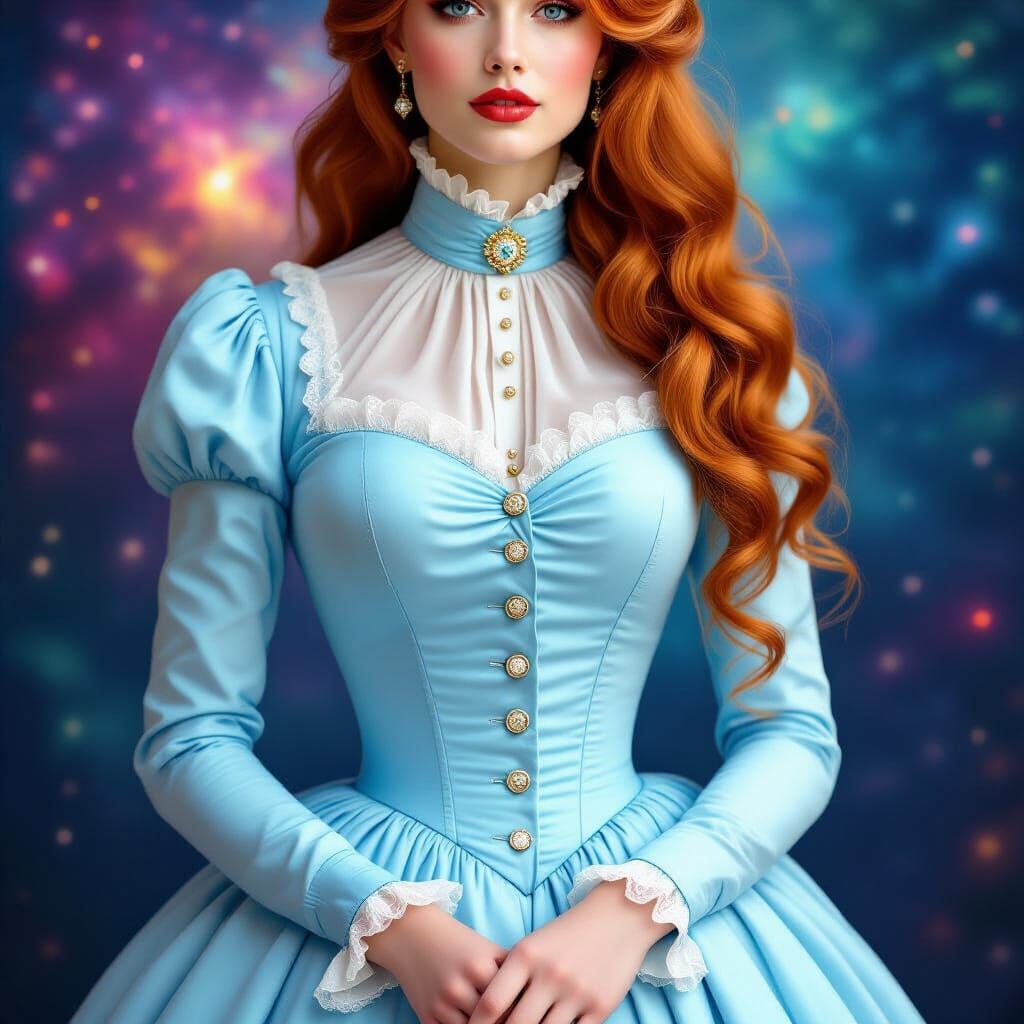Victorian Woman with Cosmic Background, Hyperrealistic