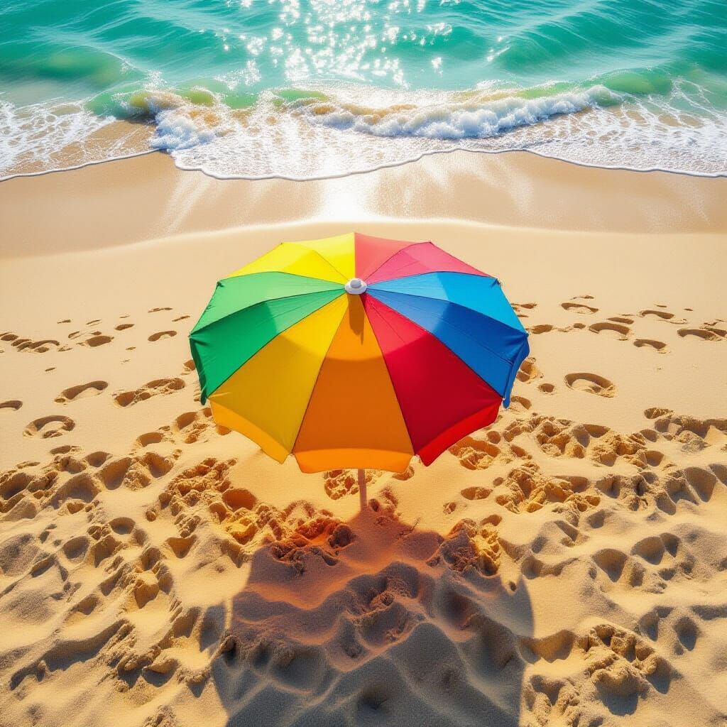 Rainbow Beach Umbrella Casting Shadow on Golden Sand
