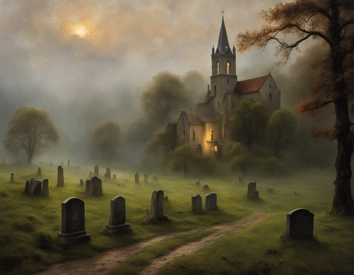 Misty Gothic Landscape with Ancient Precipice and Cemetery