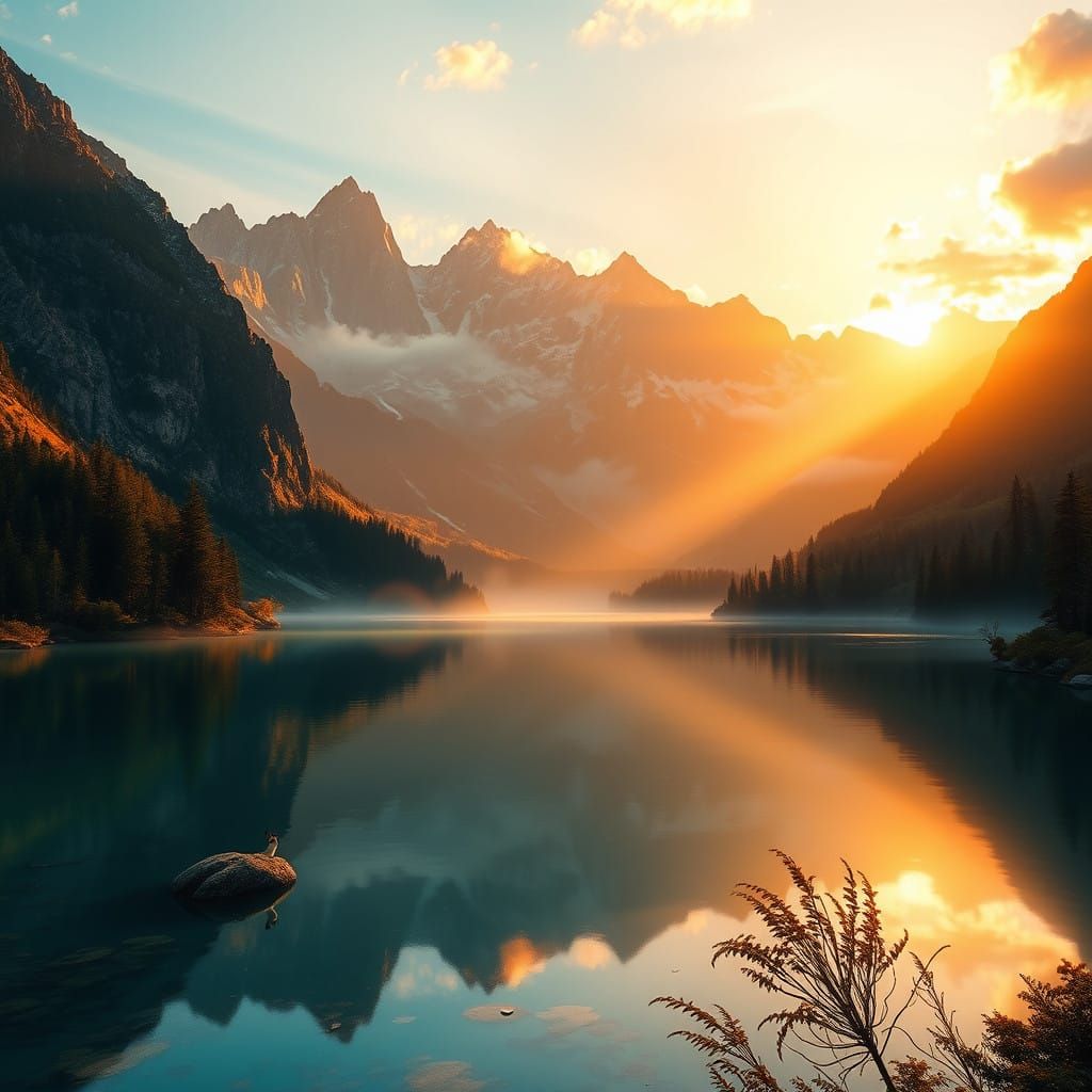 Peaceful Sunrise Over a Serene Mountain Lake