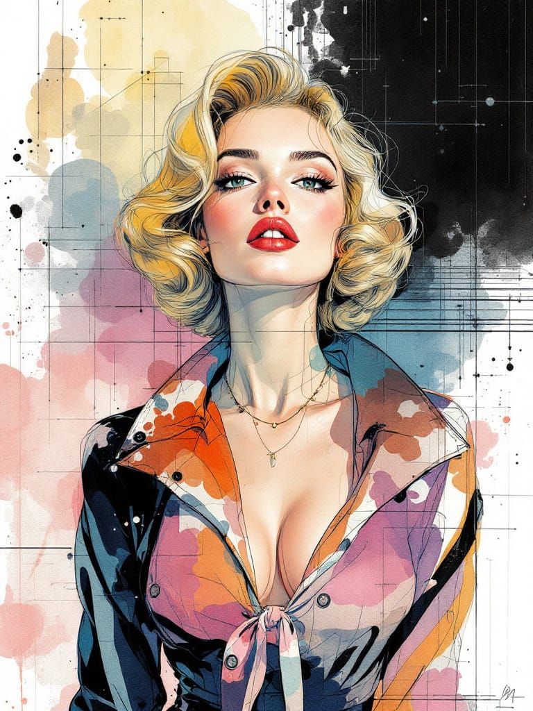 Pin-Up Woman in Blueprint Style with Watercolor Wash