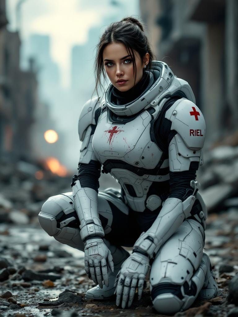 Female Combat Medic in War-Torn Cityscape