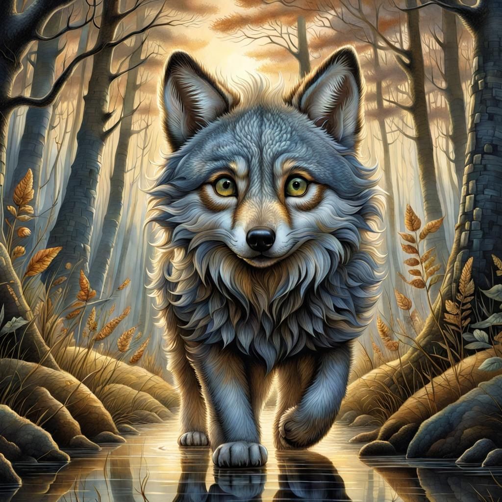 Cute Wolf Cub in Wilderness, Detailed Digital Art
