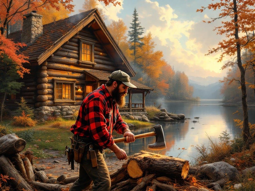 Rustic Log Cabin by Tranquil Lake in Autumnal Landscape