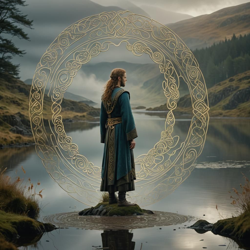 Mythical Celtic Figure at Scottish Loch, Cinematic Still