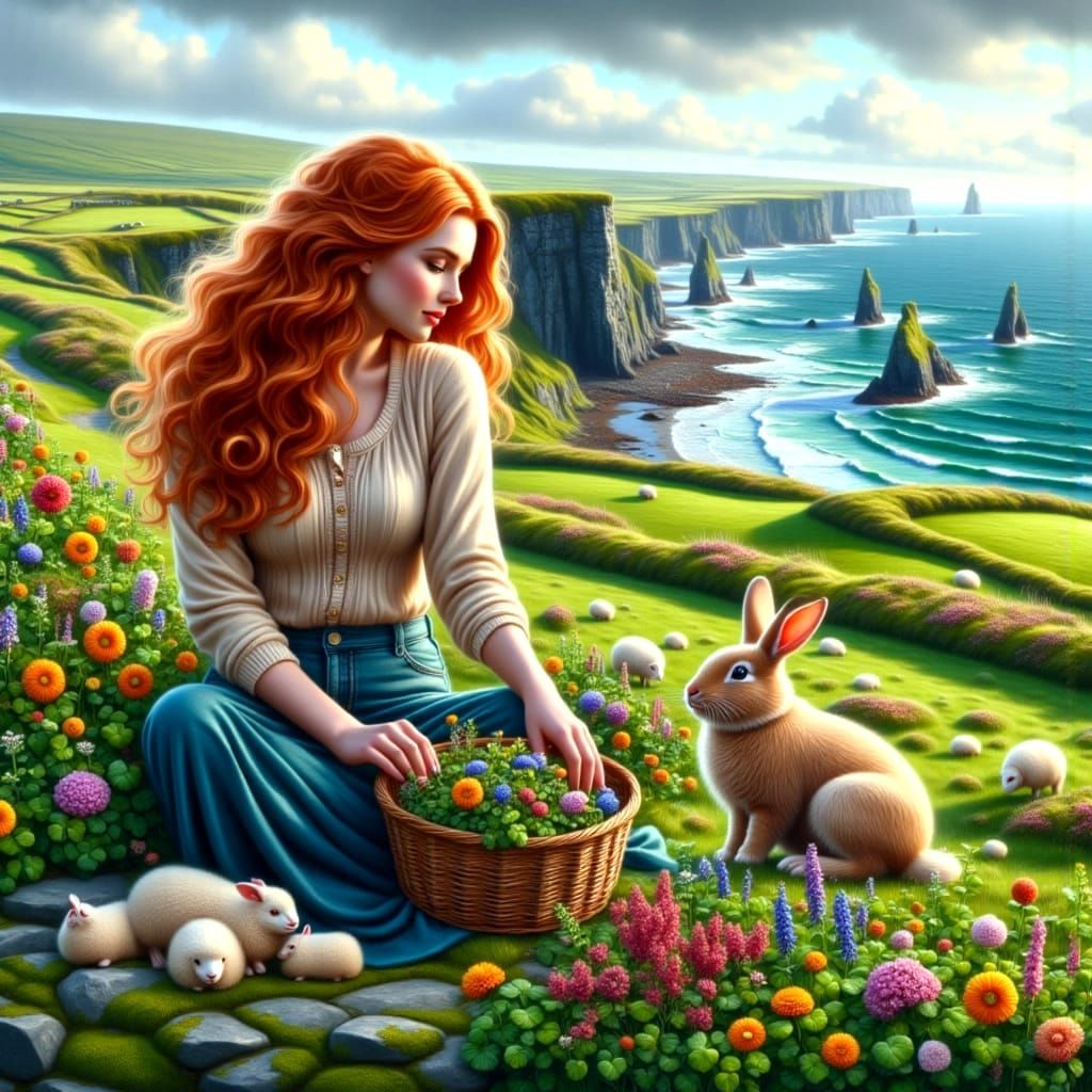 Irish Beauty Sits on Cliffs Collecting Wildflowers