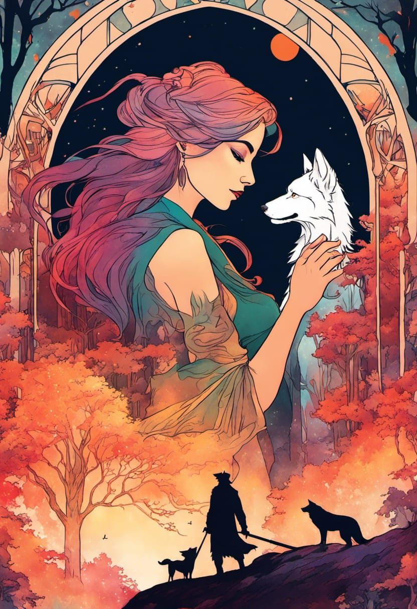 College Witch and Dire Wolf Illustration