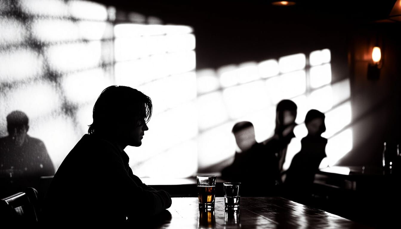 Cinematic Scene: Isolated Figure in Tense Bar Atmosphere