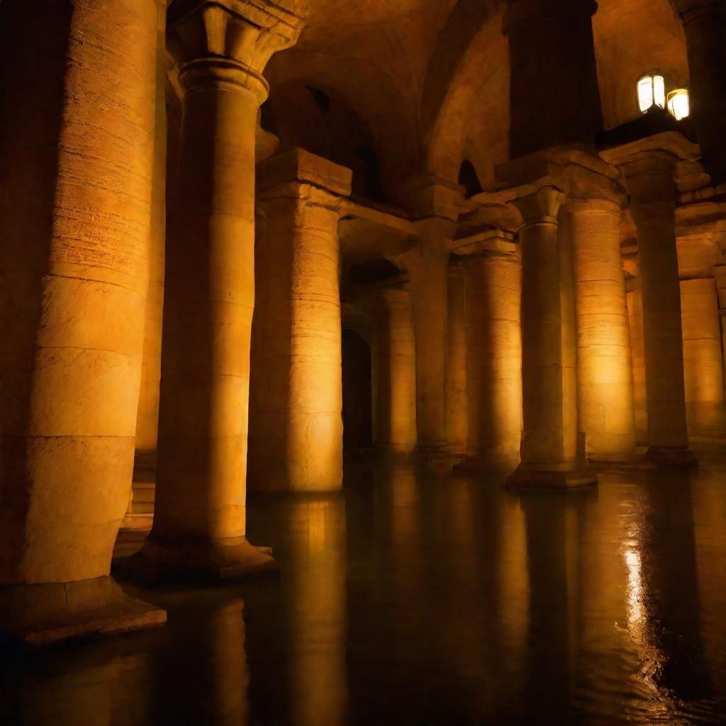 Byzantine Cistern: Ancient Columns in Golden Light