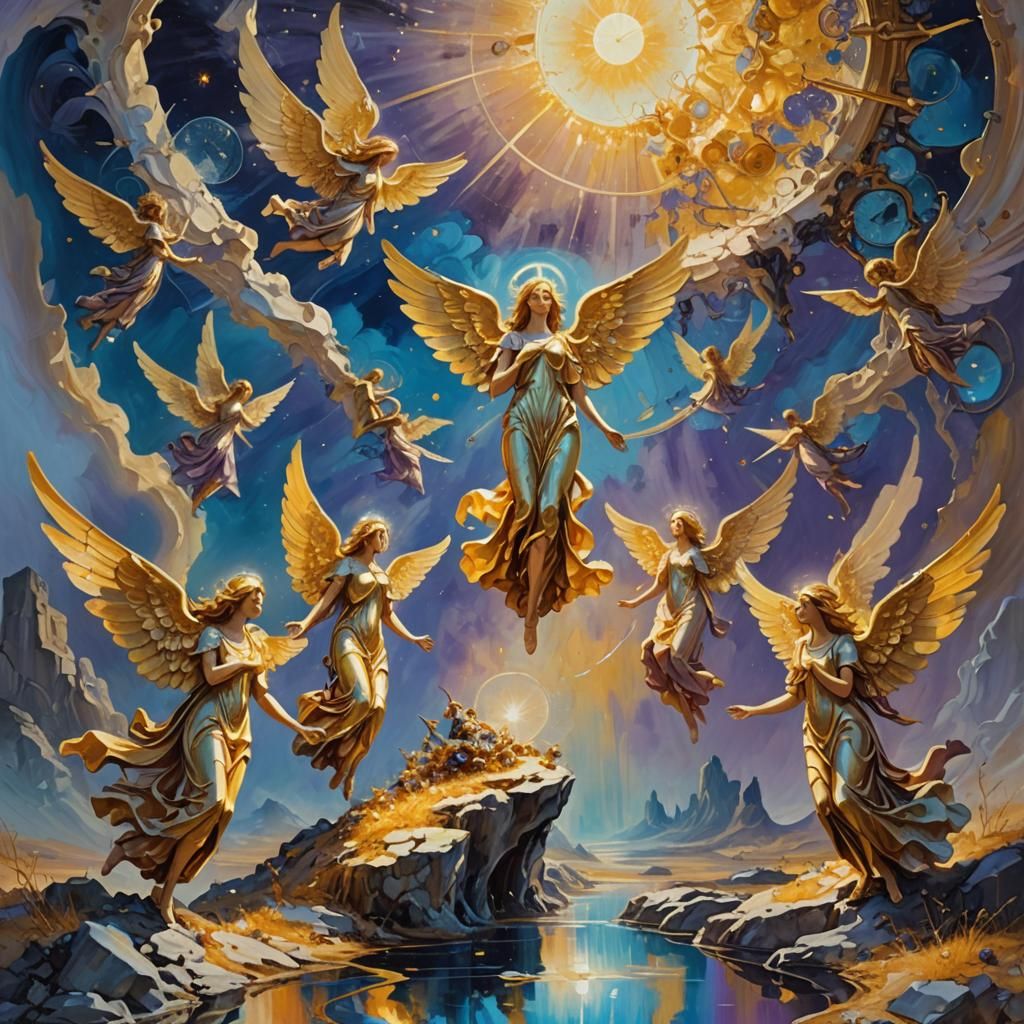 Surreal Solar Angels in Dreamlike Landscape