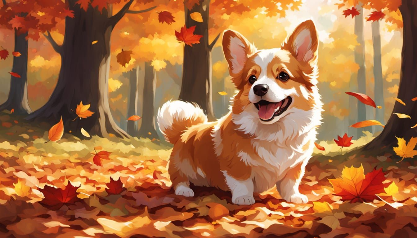 Joyful Corgi Puppy Plays in Autumn Leaves