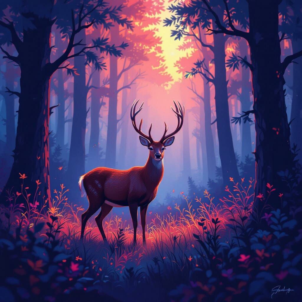 Mystical Deer in Whimsical Forest Art