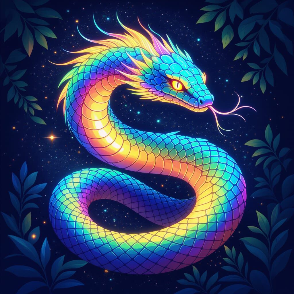 Rainbow Serpents with Iridescent Scales in Dreamlike Aura